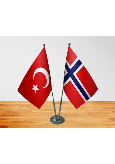 Masa Üstü Norveç Bayrağı Türk Bayrağı İkili Krom Direk Masa Bayra