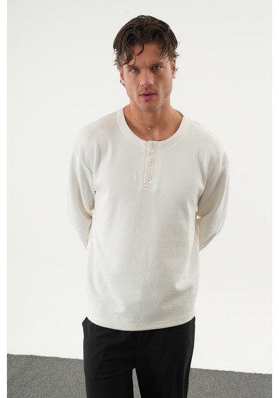 Redline Taren Oversize Erkek Kışlık Düğmeli Sweatshirt BEYAZ