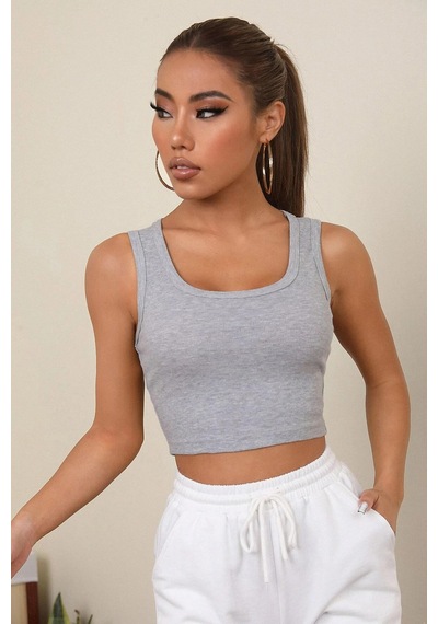 Angbutik Kadın Gri Kare Yaka Crop Top Bluz