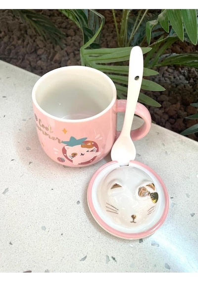 Kawai 3d Kedi Kapaklı Kaşıklı Kupa Bardak Pembe
