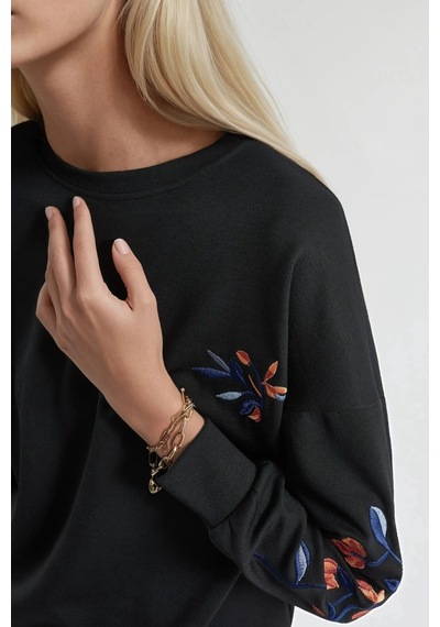 Fiolin Modal Dokulu İşlemeli Bisiklet Yaka Sweatshirt siyah