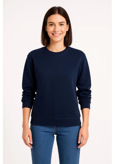 Kadın Günlük Stil Lacivert Üç İplik Düz Bisiklet Yaka Sweatshirt