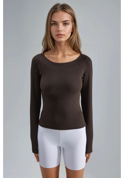 Hiccup Busem Slim Fit Fitilli Kayık Yaka Bluz Kahve Kahvesi