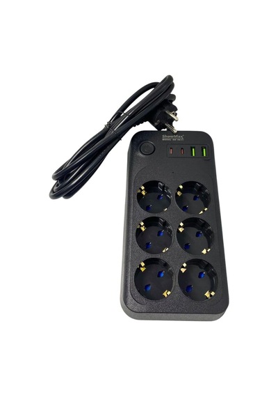 Showmax Serisi Sh-3046 Termal Akım Korumalı Priz 2 Mt 6 Priz + 2 Usb + 2 Type-c 6 Lı 2xusb 2xtype C Çıkışlı Siyah
