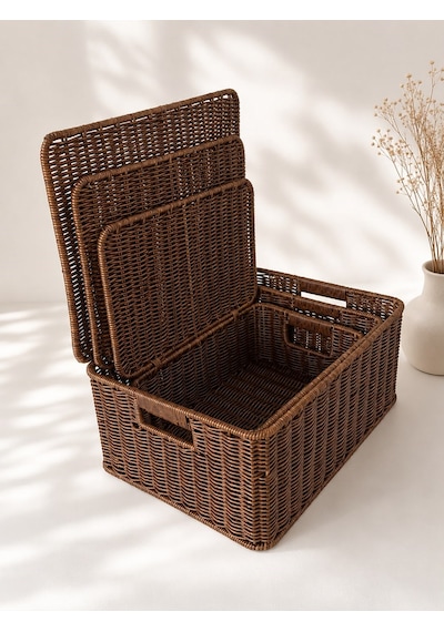 Morponi 3'lü Kapaklı Letta Organizer Çok Amaçlı Hasır Rattan Sepet Svr-bj71490 Sarı