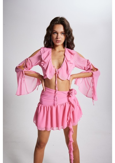 Holly Lolly Fırfırlı Şifon Carmen Bluz Pembe