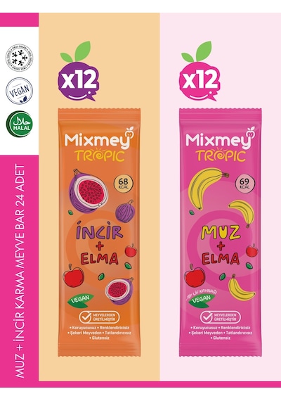 Muz + İncir Karma Meyve Barı 24 Adet Atıştırmalıklar Vegan, Glutensiz 20gr X 24 Adet