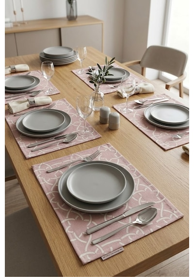 Pembe Tabak Altlığı 6'lı Amerikan Servis Takımı Sıvı Geçirmez Leke Tutmaz Kumaş Yemek Masası