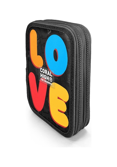Coral High Kids Renkli Love Desenli Çift Katlı Kalem Çanta 31109 Siyah