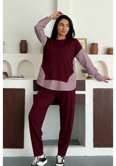 Ded Collectıon Kadın Çizgili Uzun Kollu Gömlek Detaylı Yuvarlak Yaka Sweatshirt Modal Takım Bordo