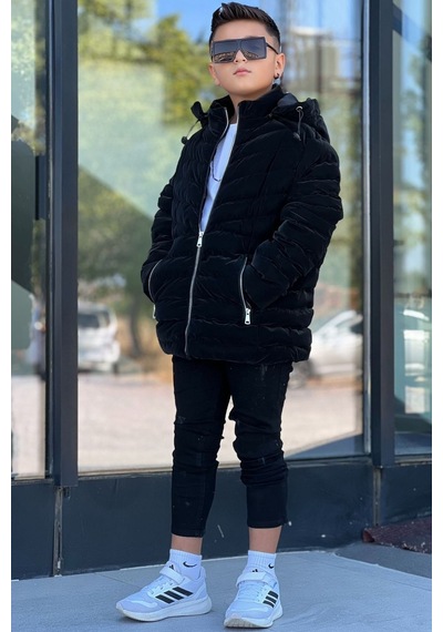 Pina Kids Erkek Çocuk Çıkarılabilir Kapüşonlu Sık Dikişli Nova Kumaş Kışlık Şişme Mont Km4016 Siyah