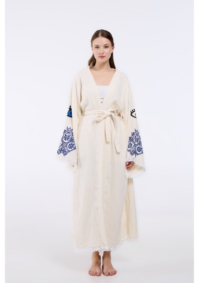 Befera Müslin Kimono Pamuklu Etnik Göz Baskılı Desenli Bornoz Kaftan Sabahlık Ekru