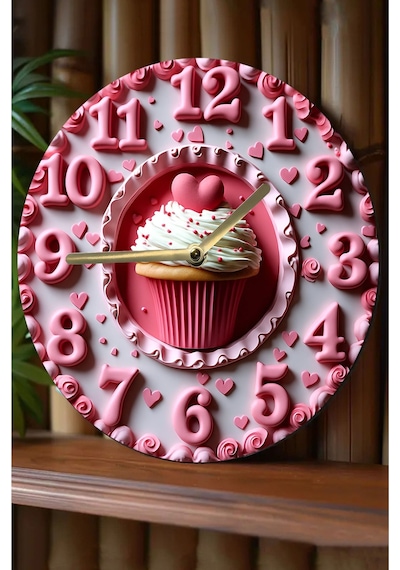 Kalpli Cupcake Temalı Mdf Duvar Saati 33 Cm, 3d Görünümlü, Sessiz Mekanizmalı, 2d Hd Baskı Sdw238 Renkli
