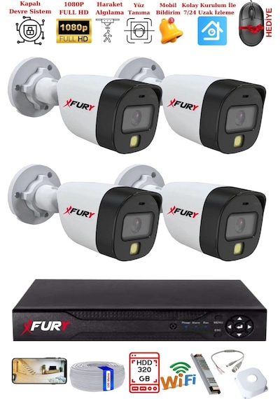 Fury 4 Kameralı 5mp Lens 2 Mp Görüntü Gece Renkli Full Hd Ultra Led Akıllı Güvenlik Kamerası Seti 320gb
