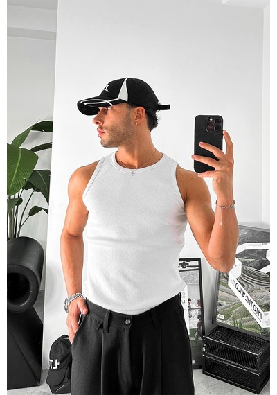 Beyaz Cozy Basic Tank Top Likralı Premium Fitilli Atlet Beyaz