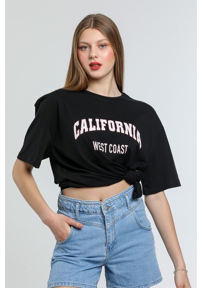 Kadın Bisiklet Yaka Regular Fit Californıa Baskılı Tişort Spr21y 001