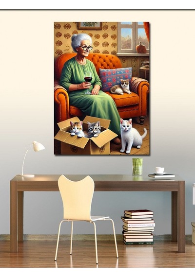 Kanvas Tablo Yaşlı Kadın Ve Kedi Dostları 50cmx70cm
