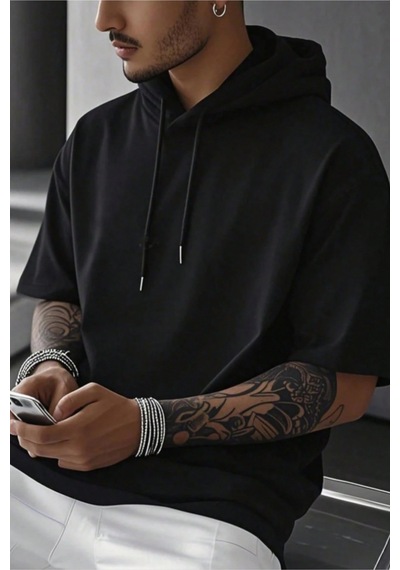 Tarz Cool Erkek Oversize Kısa Kollu Kapüşonlu Tişört Sweatshirt Siyah