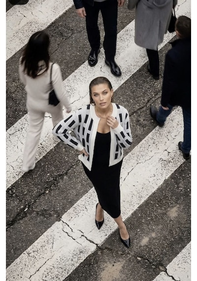 Neden Tekstil Kadın Geometrik Desenli Premium Triko Hırka - Ekru