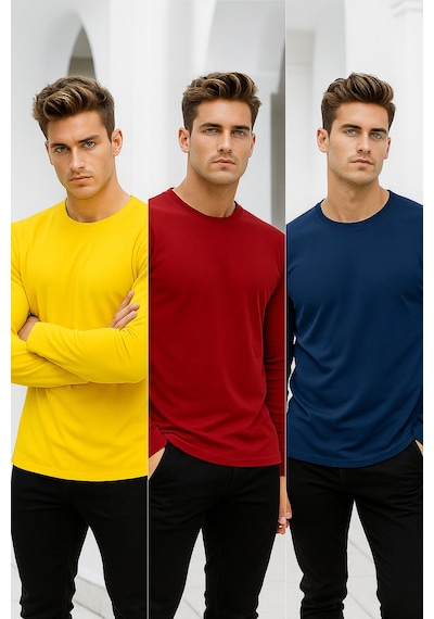 Rich Erkek Sarı-kırmızı-lacivert 3'lü Paket Basic Uzun Kollu Sporcu Body Sarı-kırmızı-lacivert