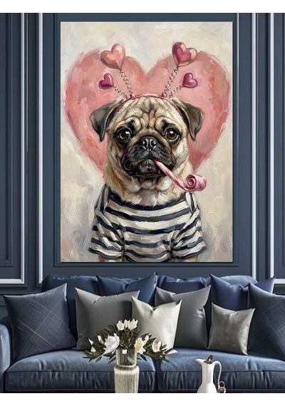 Kalp Gözlüklü Sevimli Pug Köpek Dekoratif Kanvas - Mdf Ahşap Tablo