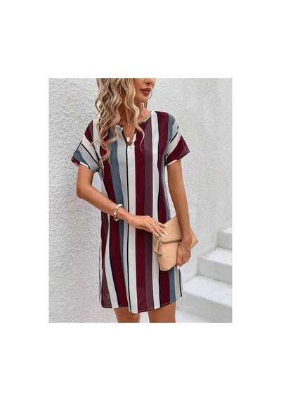 Butik İstanbul Kadın Kısa Kollu V Yakalı Çizgi Baskılı Süprem Elbise Bordo