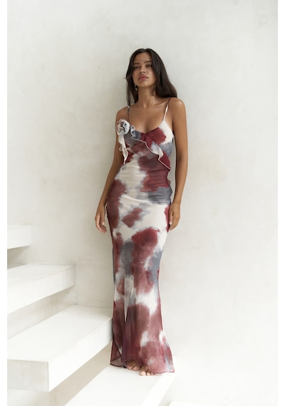 Mai Collection Mai Studios Co. Purtyas Fırfır Detaylı Bordo Uzun Elbise Bordo