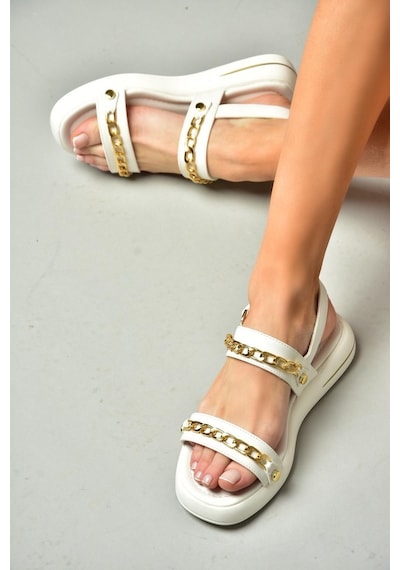 Fox Shoes S518105609 Beyaz Gold Zincir Detaylı Kadın Sandalet Beyaz