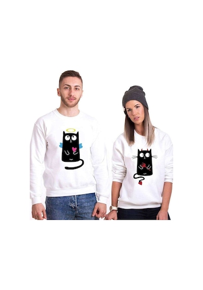 Tshirthane Angel Cat Devil Cat Sevgili Kombini Unisex Sweatshirt Kırık Beyaz