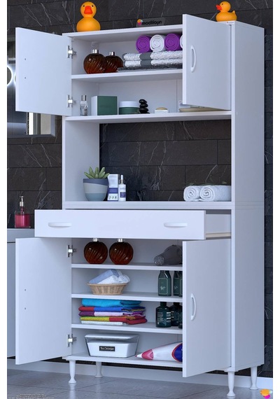 Arda 90 Cm 4 Kapaklı 7 Raflı Ve Çekmeceli Çok Amaçlı Banyo Dolabı Beyaz