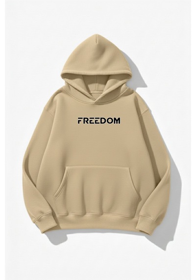 Uyguntarz Unisex Yumuşak Dokulu Freedom Baskılı Tasarım Oversize 3 İplik Hoodie Sweatshirt Bej