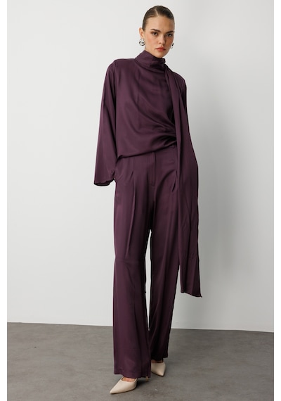 Mizalle Pilise Detaylı Bordo Saten Dökümlü Pantolon Bordo