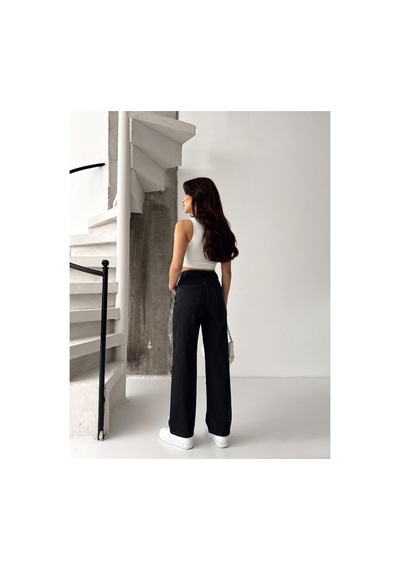 Kene Jeans Ön Taşlı Siyah Denim Wide Leg/bol Paça Pantolon Siyah