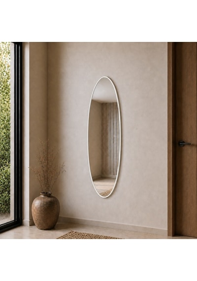 Modern Oval Boy Aynası 40x120 Cm İnce Çerçeveli Minimalist Dekoratif Duvar Aynası Beyaz