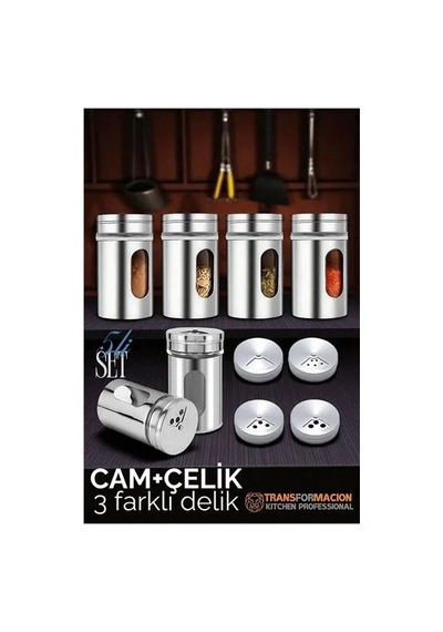 Cam+çelik Tuzluk Biberlik Karabiberlik 3 Farklı Delikli 5 Li Set 721945 Diğer