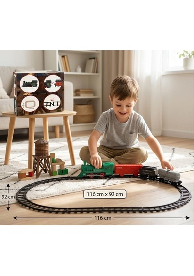 12 Parça Pilli Tren Seti Işıklı Ve Duman Çıkaran Modüler Ray Sistemli Siyah Tren Kırmızı Vagon