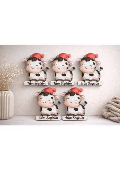 Kişiye Özel Sevimli İnek Magnet 5x5 Cm Mdf İsimlik
