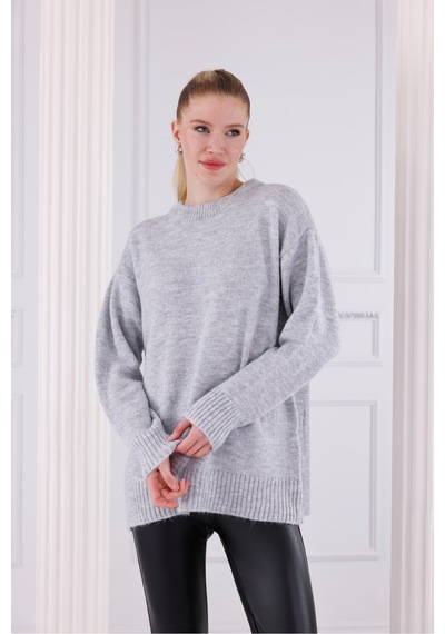 Qscob Bisiklet Yaka Oversize Basic Triko Kazak Gri