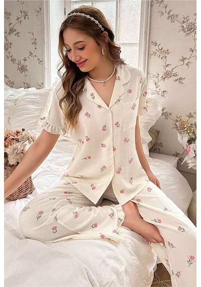 Bella Notte Çiçek Baskılı Fırfırlı Uzun Pijama Takımı Beyaz