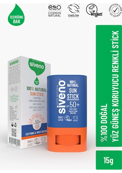 Siveno 100% Doğal Stick Güneş Koruyucu Mineral Filtreli Renkli Ton Eşitleyici Hassas Uva Uvb Spf50+ 15 G