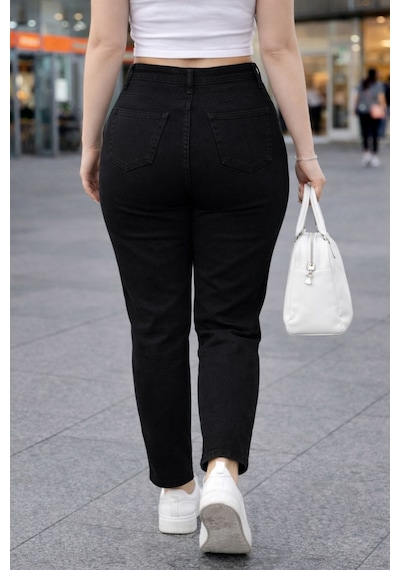 Cedy Denim Mom Fit Jean Büyük Beden Yüksek Bel Carrot Kesim Dar Paça Pileli Esnek Kot Pantolon C600 Siyah