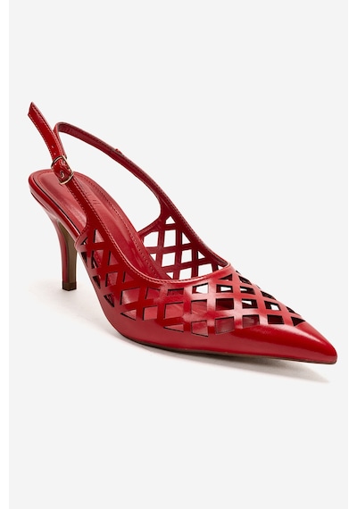 Luvishoes Jever Kırmızı Cilt Lazer Kesim Sivri Burun Slingback Kadın İnce Topuklu Ayakkabı Kırmızı