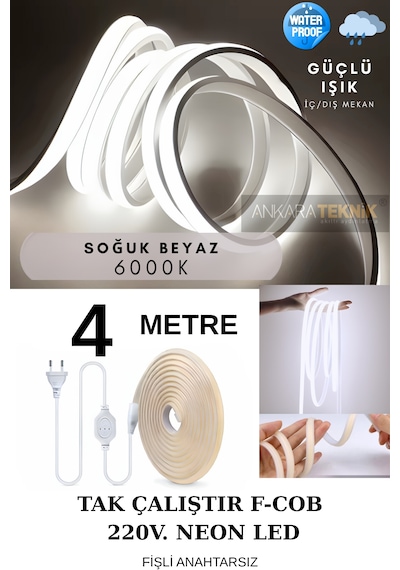 Ankara Teknik 220 Volt Cob Neon Led Beyaz 6000k F-cob Led Yüksek Lümen Dış-iç Mekan 4 Metre