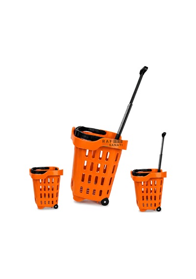 5 Adet - 43 Lt Tekerlekli Market Sepeti Plastik Alışveriş Sepeti Ergonomik Çift Saplı Turuncu