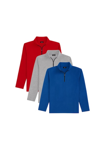 Tudors Unisex 3'lü Paket Mavi-gri-kırmızı Standart Fit Soğuğa Karşı Dayanıklı Polar Sweatshirt-42026 Çok Renkli