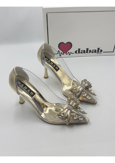 Dabab Shoes Marry Kadın Altın Şeffaf Rugan Taş Fiyonk Detaylı Stiletto Ayakkabı
