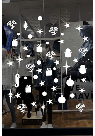 Yılbaşı Vitrin Süsü, Çiçek Ve Yıldız Temalı Hediye Paketi Desenli Cam Duvar Sticker, Yılbaşı Ev Vitrin Stic Çok Renkli