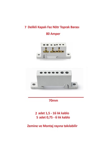 Meepo Faz Nötr Toprak Barası Kapalı tip 7 Kablo İçin 80 Amper Zemine Ve Raya Montaj 3 Adet