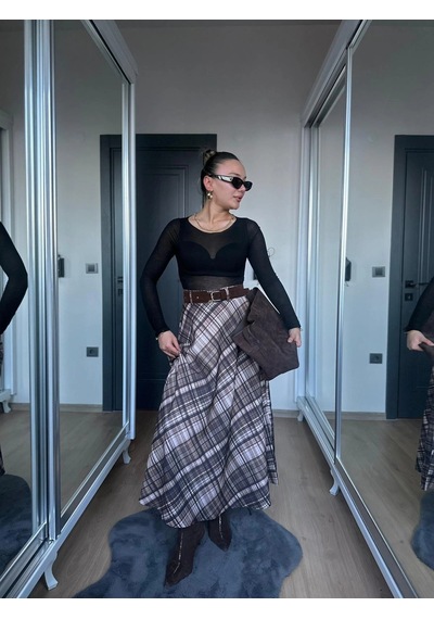 Keymoda Kadın Ekoseli Kemerli Etek Kahve Bej Kahverengi