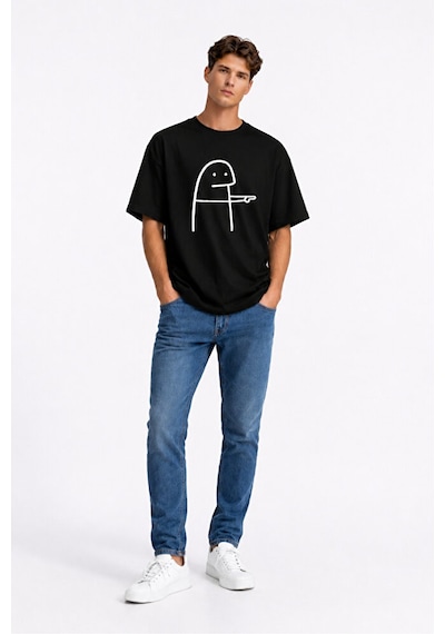 Nevermind Komik Çöp Adam Çift Tişörtü Oversize Unisex Sevgili Kombini Baskı Siyah